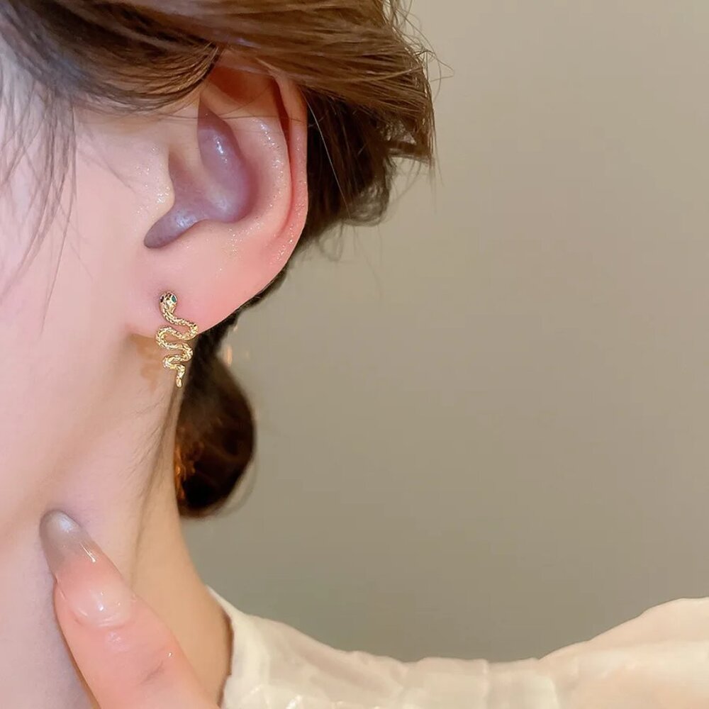 3/$35 Modern Gold Tone Snake Dangle Stud Earrings Copper Zircon Inlay Jewelry